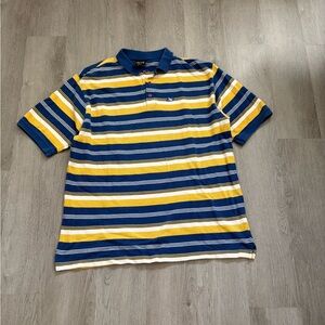 Men’s Y2K Baggy Drunknmunky Polo Yellow Blue Striped Shirt Size XL